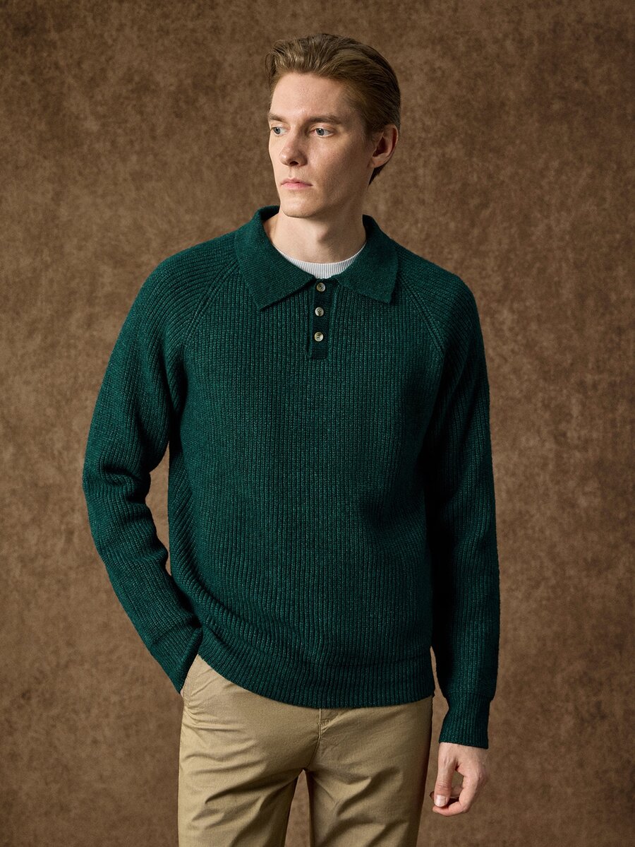 Manfinity CityGents Men's Ribbed Minimalist Button Half-Placket Long Sleeve Sweater - Dark Green - View 1