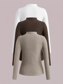 SHEIN LUNE 3件組純色基本款緊身舒適柔軟T恤，休閒秋冬疊穿小高領上衣，黑色、棕色、米色，時尚優雅，適合派對與上班 - 彩色 - 查看 2