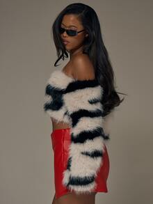 MUSERA Zebra Faux Fur Cropped Jacket Fall Autumn Winter Sexy Halloween Black Lace Going Out Instinct - Black and White - View 3