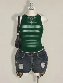 SHEIN ICON 大尺碼 Y2K 哥德風透明破洞性感細肩帶上衣 女款黑色透視網紗上衣 約會之夜 雞尾酒會 夏季 - 墨綠色 - 查看 3