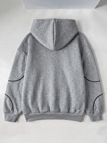 SHEIN 青少年女孩配色拼接連帽休閒Y2K日常長袖冬季衛衣 海軍藍 秋冬 生日告別禮物 - 灰色 - 查看 2