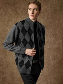 Manfinity CityGents 男士復古提花長袖針織開襟衫，Ins風，華麗派對，街頭成熟，寬鬆版型毛衣，黑色，秋季，正式，老錢風 - 灰色 - 查看 4