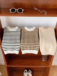 SHEIN 3件組嬰兒男/女童休閒基礎條紋圓領衛衣，秋冬中性嬰兒服飾 - 彩色 - 查看 5