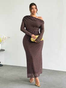 Firerie Plus Size Women Polka Dot Asymmetric Shoulder Long Sleeve Top And Skirt Casual 2 Pieces Set Elegant Thanksgiving 2 Pieces Set For Women Fall/Winter - Coffee Brown - View 4