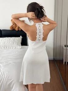 Napfluff Minimalist Elegant Solid Color Lace Trim Comfortable Home Sleep Dress Lounge White - White - View 4