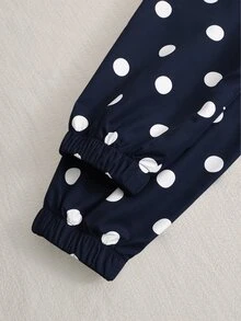 SHEIN 女童復古可愛日系風棕色波點連帽外套，秋季服飾，經典底色搭配滿版印花，寬鬆版型學生款 - 藏蓝色 - 查看 5