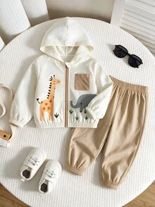 SHEIN 2件組 嬰兒男童女童卡通大象圖案連帽長袖外套 秋冬夾克彈性腰長褲 - 彩色 - 查看 1