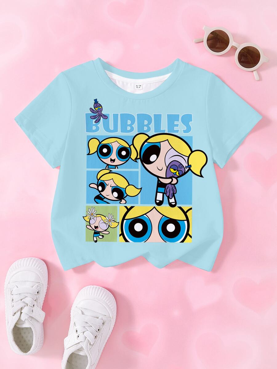 THE POWERPUFF GIRLS X SHEIN Young Girl Cartoon Print Short Sleeve T-Shirt For Daily Wear - White - View 1