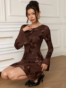EastFlair Women's French Style Long Sleeve Embroidered Dress For Vacation - Mocha Brown - View 9