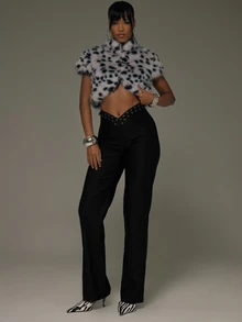 MUSERA Black Bengaline Eyelet V Waist Detail Flared Trousers Fall Autumn Winter Sexy Halloween Lace Black Going Out Instinct - Black - View 1