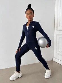 SHEIN 青少年女孩騎士印花前拉鍊長袖上衣與緊身褲運動套裝 - 藏蓝色 - 查看 5