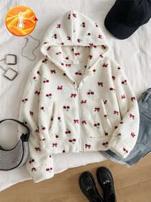 SHEIN 青少年女孩寬鬆休閒極簡舒適日常街頭風連帽修身口袋拉鍊短款長袖衛衣外套 豹紋抓絨 - 彩色 - 查看 3