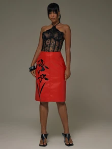MUSERA Red PU Graphic Floral Midi Skirt Fall Autumn Winter Sexy Halloween Black Going Out Instinct - Red - View 1