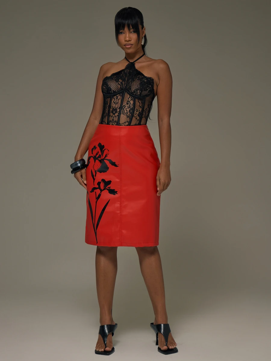 MUSERA Red PU Graphic Floral Midi Skirt Fall Autumn Winter Sexy Halloween Black Going Out Instinct - Red - View 1