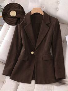 GlowEve CURVE Plus Size Casual Single-Breasted Notched Lapel Blazer Jacket, Autumn - Brown - View 1