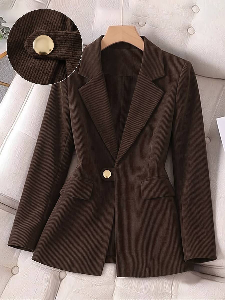GlowEve CURVE Plus Size Casual Single-Breasted Notched Lapel Blazer Jacket, Autumn - Brown - View 1