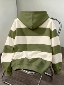 LOONEY TUNES X SHEIN Daypath 男士卡通圖案印花長袖連帽衫 大學校園風 綠色與白色條紋 秋季街頭穿搭 - 橄欖綠 - 查看 2