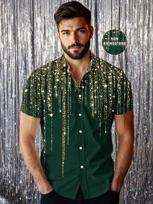 DSELFIQUE Men's Shiny Print Short Sleeve Single-Breasted Casual Shirt - Green - View 6