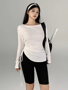 DAZY Women's Solid Color Pleated Casual Daily Travel Sports T-Shirt - White - View 2