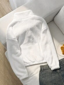 SHEIN 青少年女孩針織蝴蝶結毛絨立領半拉鍊拼接寬鬆休閒長袖秋冬衛衣 - 白色 - 查看 2