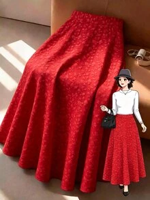 GlowEve CURVE Plus Size Elegant Red New Year Bow Print Woven Jacquard Skirt - Red - View 1