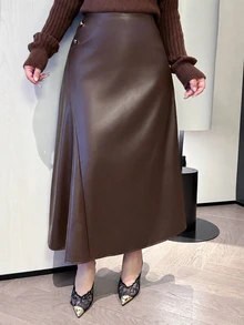 Dazy Plus Autumn/Winter High Waist Button Decor Solid Color A-Line Commuter Style Long Skirt - Brown - View 8