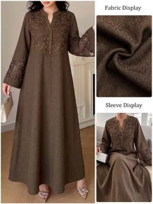 Al Najma Spring/Summer Fashion V-Neck Flared Sleeve Patchwork 3D Embroidered Lace Trim Full Skirt Dress - Brown - View 3