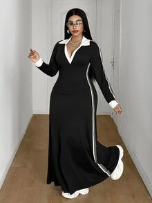 Maweii Plus Size Women's Casual High Elastic Knit Fabric A-Line Long Sleeve Dress, Side Color Block Ribbon Design, Fashionable And Versatile, Suitable For Daily Outings And Street Wear, Slimming Dress, Fashionable And Versatile, Suitable For Outings, Parties, Gatherings, Dates, Romantic Music Festivals And Other Occasions. - Black - View 5