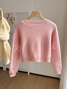 SHEIN 少女杏色粗針織毛衣，秋冬款，蝴蝶結提花圓領套頭衫，落肩長袖，適合秋季單穿，冬季可搭配大衣/棉襖疊穿，面料柔軟舒適 - 粉色 - 查看 2