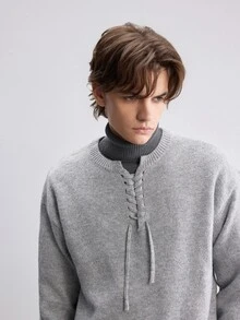 RONVEXI 男士圓領慵懶長袖套頭毛衣，休閒針織秋冬服飾，灰色寬鬆時尚通勤穿搭，百搭綁帶設計套頭毛衣 - 灰色 - 查看 8