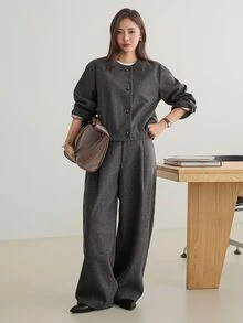 Dazy-Less Women's Solid Color Long Sleeve Single-Breasted Jacket And Pants Casual 2 Pieces Set - Grey - View 6
