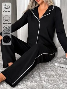 SHEIN Women Binding Detail Short Sleeved & Long Bottom Homewear Pajama Set - Black - View 3