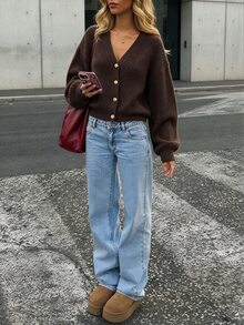 SHEIN Franclia Women's Autumn/Winter Knitted Floral Button V-Neck Cardigan - Coffee Brown - View 5