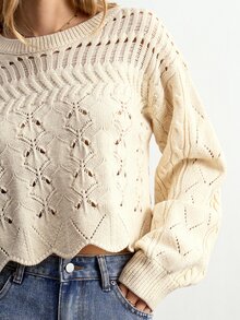 Willow Rêve Sweater Pullover Kasual Lengan Panjang Bahu Jatuh Berlubang Warna Krem untuk Wanita - Krim - View 4