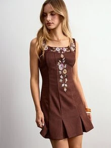 Willow Rêve 女款棕色麂皮刺繡領無袖洋裝 - 棕色 - 查看 1