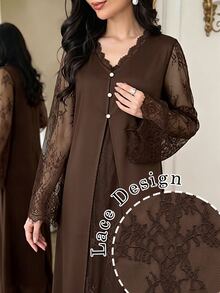Al Najma Autumn/Winter V-Neck Lace Long Sleeve Inner Layer Lace 2 In 1 Elegant Elegant Fashionable Generous Women's Dress - Brown - View 7