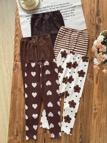 SHEIN [2pcs Randomly Sent]5pcs Randomly Sent 2pcs Spring All Season Girls Polka Dot Heart Stripe Floral Sweet Cute Versatile Soft Comfortable Ribbed Knit Leggings Multi-Piece Set - Multicolor - View 2