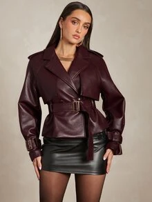 Silquee Women's Fashion PU Material Metal Buckle Long Sleeve Trench Coat - Burgundy - View 3