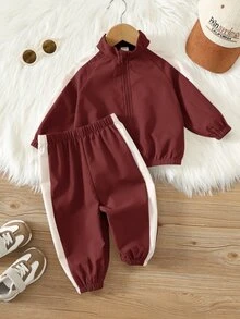 SHEIN 男女嬰兒/幼兒 2件組 秋冬休閒時尚拼色拼接立領運動衫套裝，夾克套裝，嬰兒運動服，嬰兒冬裝 - 紅色 - 查看 5