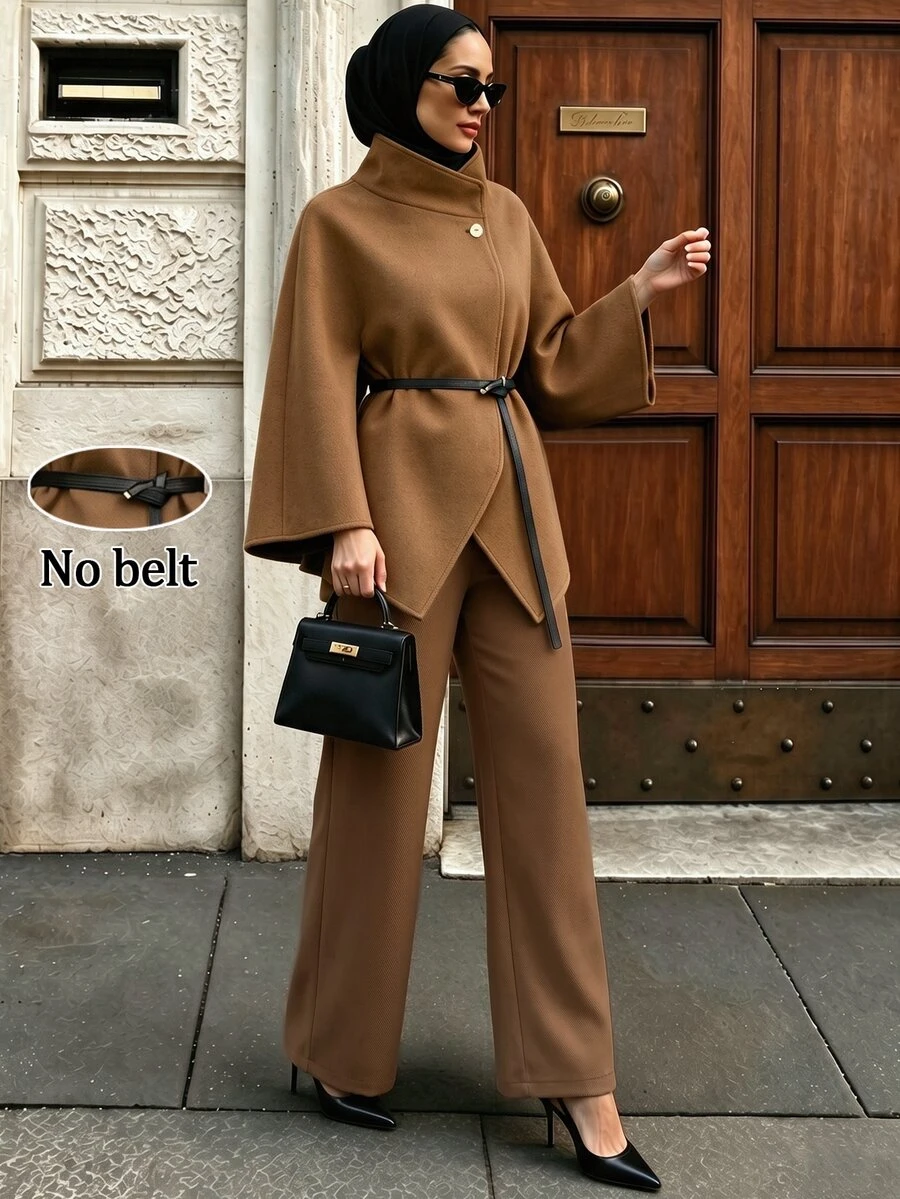 Celisse Women's Wool Blend Stand Collar Jacket & Wide Leg Pants Two Pieces Set - Khaki - View 1