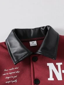 SHEIN 黑色皮革與紅色針織字母印花運動衫，時尚舒適，適合秋冬戶外穿著 - 酒紅色 - 查看 4