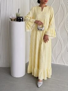 SHEIN Najma 女款菱形領紋理波點布料荷葉邊袖口七分袖大裙擺阿拉伯風洋裝 - 黃色 - 查看 3