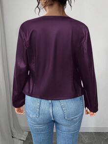 SHEIN PETITE CURVE 大尺碼女款經典百搭PU夾克，小個子系列秋冬女裝 - 紫色 - 查看 2