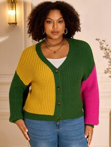 BrightlyHer Plus Size Women's Colorblock Casual Daily Cardigan - Multicolor - View 1