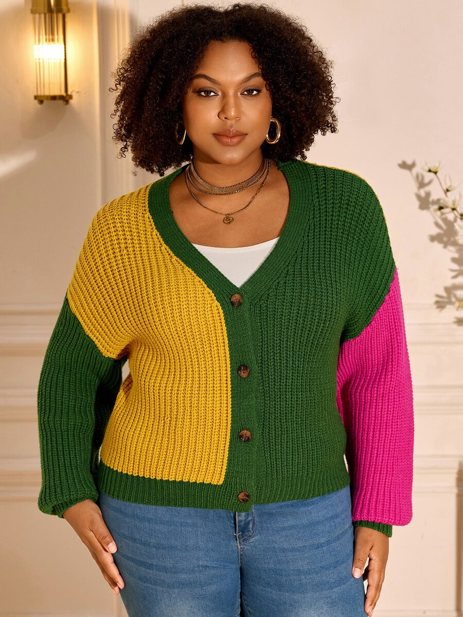 BrightlyHer Plus Size Women's Colorblock Casual Daily Cardigan - Multicolor - View 1