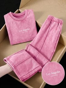 SHEIN 女童字母印花圓領短袖T恤與長褲休閒日常套裝 - 粉色 - 查看 6