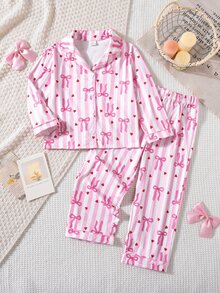 SHEIN 女童可愛休閒針織粉色蝴蝶結圖案長袖居家服套裝 - 粉色 - 查看 3