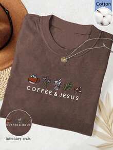 IslaSuriya Coffee Drink God Autumn Casual T-Shirt, Round Neck Embroidered Contrast Color Women's T-Shirt - Coffee Brown - View 3