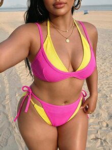Slaydiva Contrast Color Rose Pink & Yellow Faux Two-Piece Sexy Plus Size Swimsuit Set - Multicolor - View 3