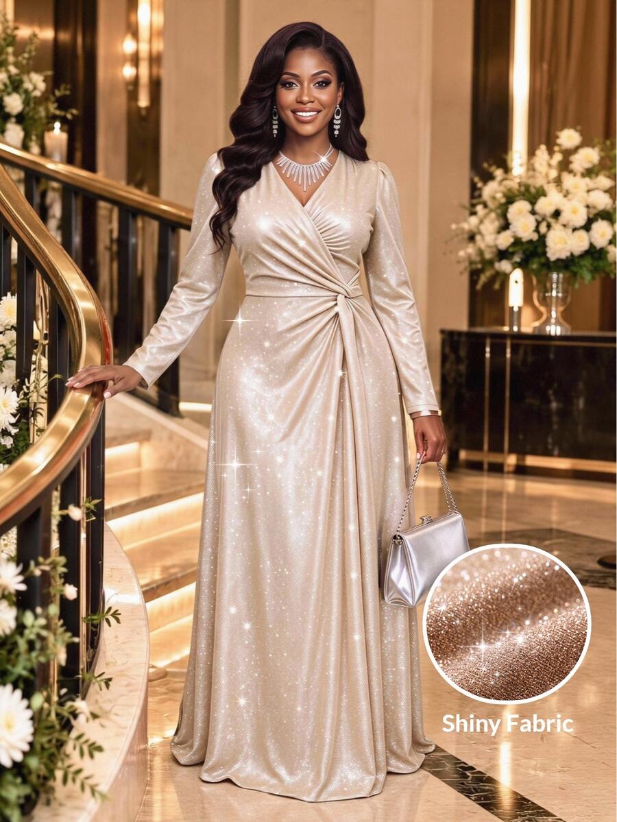 Fleurora Plus Size Shimmer Pleated Long Sleeve Elegant Evening Dress - Champagne - View 1